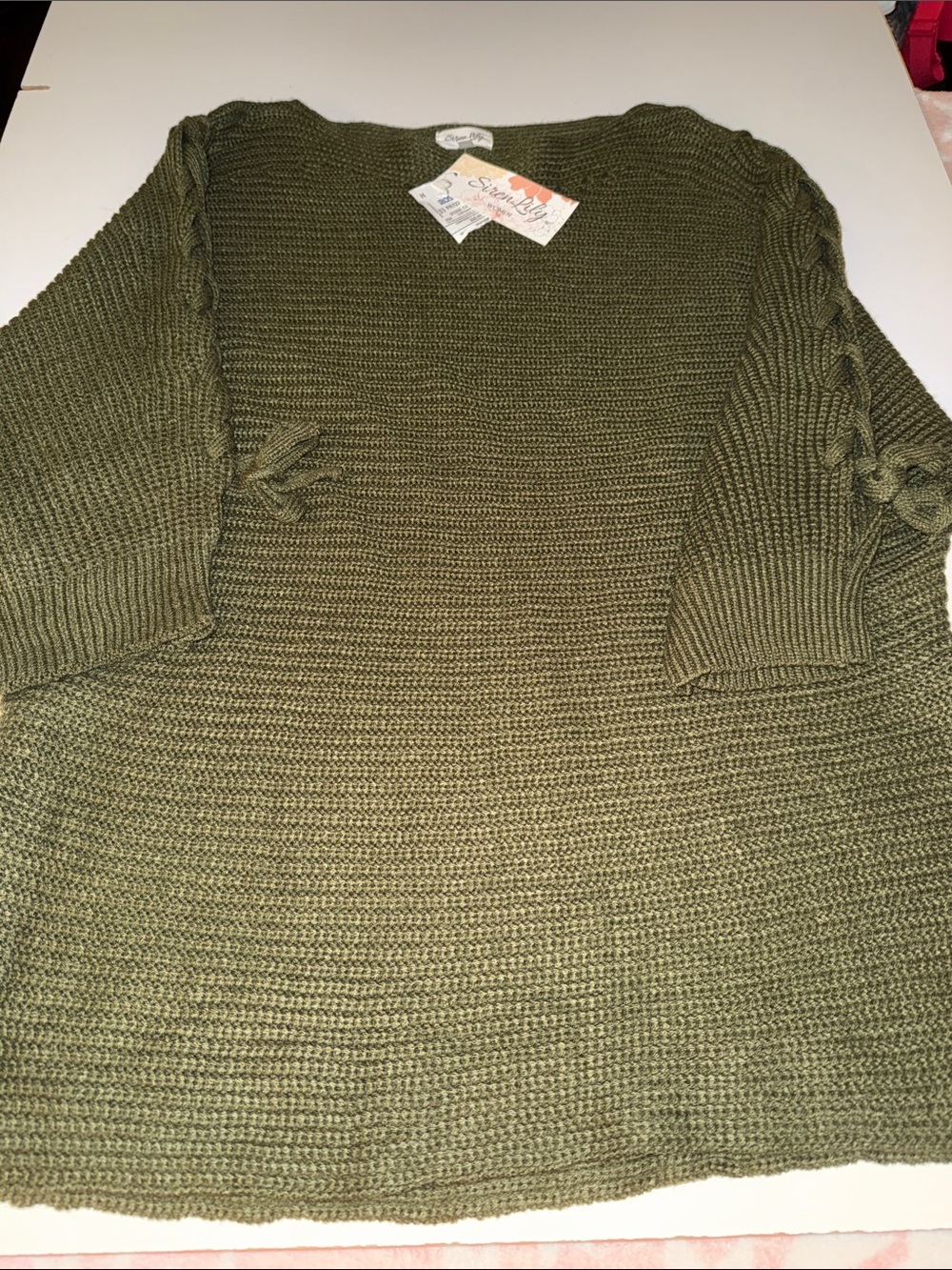 Women’s Olive Green Knit Sweater with Braided Sleeve Detail